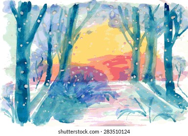 The winter landscape. Vector illustration.Tracing a watercolor painting.