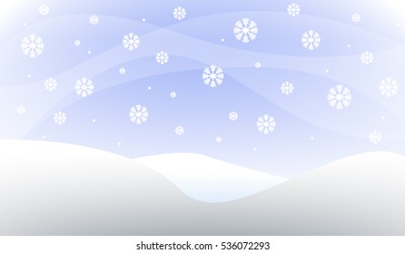 Winter landscape vector. Minimal scenery with hills, snow flakes falling and blue sky on a cold day