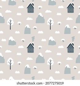 Winter landscape. Vector seamless pattern with cozy houses, mountains, trees, shrubs. Christmas holidays. Northern village. Hand drawn illustration. Scandinavian style.