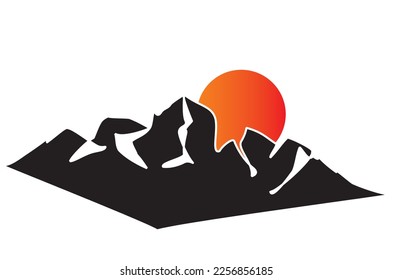 Winter landscape Vector. Silhouette of sharp and steep rocky mountain peaks under sun in firs snow. Winter travel vector illustration of rocky mountain for icon, symbol, logo, emblem. Adventure eps.