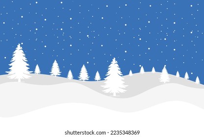 Winter landscape vector. Winter snowy landscape with hills and pines. Winter landscape flat illustration