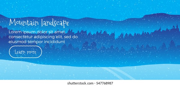 Winter landscape vector web banners. Flat style.horizontal illustration with winter snow-covered mountains and spruces. Leisure on north nature. For mountain, ski resort landing page design