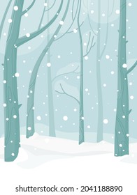 Winter landscape in vertical format. Background for New Year's greeting card. Vector illustration in blue colors. Snowy forest at dusk.