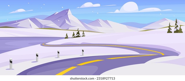 Winter landscape view of an empty highway in a snowy wonderland. Background of beautiful snow-covered mountains and pine forest. Christmas season scenery in nature. Cartoon vector illustration.