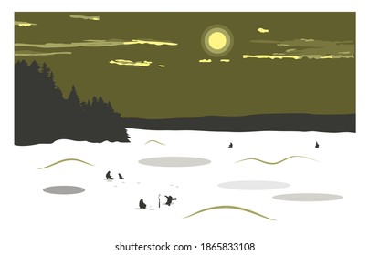 Winter landscape with a view of a frozen snow-covered lake. Fishermen catch fish on the lake. Winter fishing. Vector illustration.