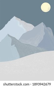 Vista del paisaje invernal con altas montañas. Afiche vectorial en colores nocturnos. La luna ilumina los picos de las montañas.