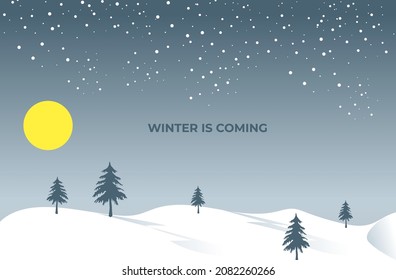 Winter landscape. A view of hills and snowy fir trees. Winter is coming. Vector illustration