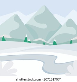 El paisaje invernal. Vistas a las montañas, al bosque y al río. Esparcimiento al aire libre. Gráficos vectoriales en un estilo plano