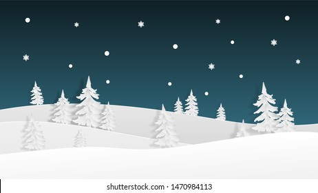 Winter landscape view in the night with snowflakes background in paper cut style. Vector illustration with snow field and pine tree. Design for poster, wallpaper, backdrop, banner, template, cover.