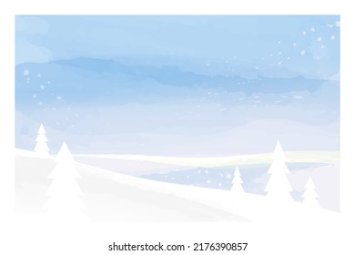 Winter landscape, view of the snowy valley, sky, snow. Abstract vector illustration, watercolor style.