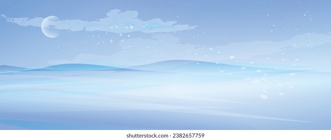 Winter landscape, view of the snowy valley, sky, snow.