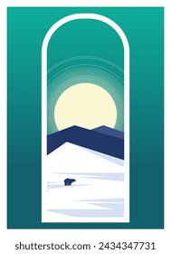 Winter landscape view with white peaks illustration. Modern art Antarctica frozen mountains