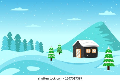 Winter landscape in the village background with mountain and tree panoramic vector illustration