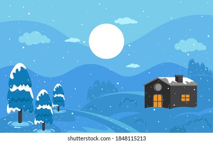 Winter landscape in the village background with snowing panoramic vector illustration