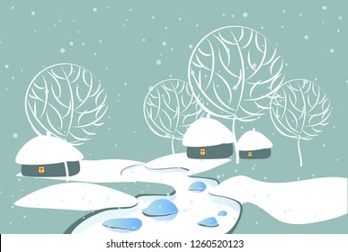 Winter landscape. Village. Cartoon illustration. Vector image.