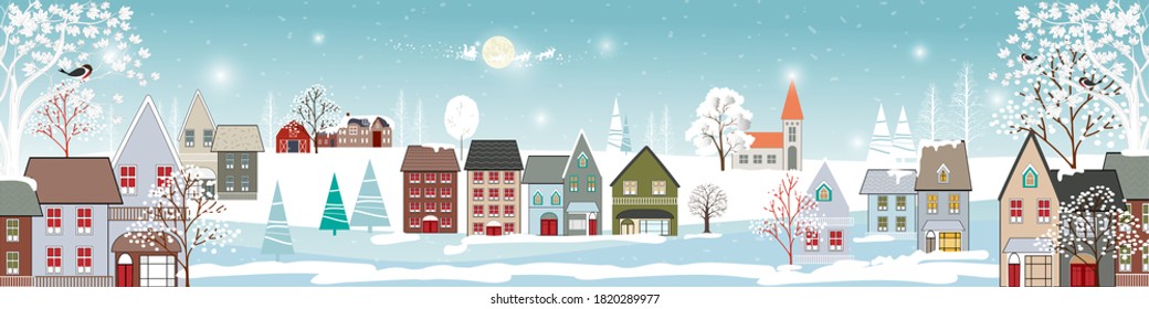 Winter landscape in village with cute cartoon of fairies house, Christmas night at small town in winter,Vector illustration banner for Merry Christmas and New year background