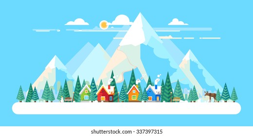 Winter landscape. The village in the forest on a background of mountains. Flat design