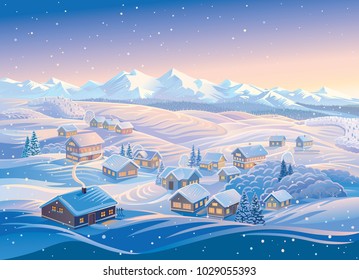 Winter landscape with village and hills, montane forests in the snow. Vector illustration.