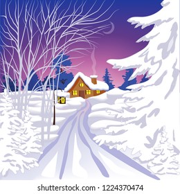 Winter landscape, village house in the forest, covered with snow. Christmas card.