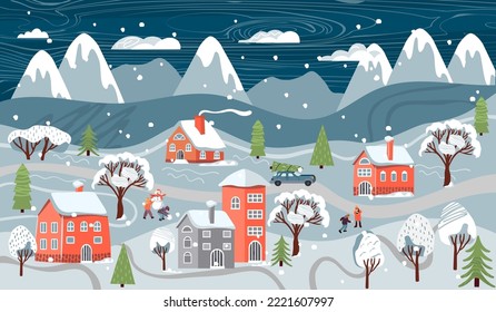 Paisaje invernal con casas de pueblo y gente. Coche, niños haciendo un muñeco de nieve y jugando bolas de nieve, árboles, colinas, montañas, nubes y caída de la nieve. Ilustración dibujada a mano con un estilo vectorial.