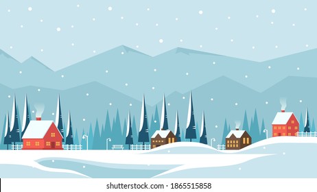 Paisaje invernal con pueblo en las montañas e ilustración vectorial plana de las casas, perfecto para el concepto de fondo invernal y vacacional de fin de año