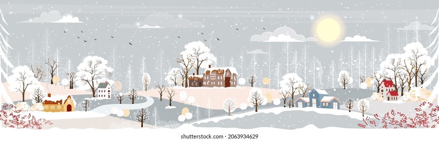 Winter landscape in village at night in countryside background,Vector horizontal banner winter wonderland with house on hills and forest pine tree,Backdrop for Celebrating Christmas and New Year 2023 