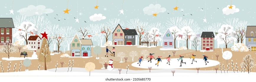 Winter landscape in village at night in countryside background,Vector horizontal banner winter wonderland with house on hills and forest pine tree,Backdrop for Celebrating Christmas and New Year 2023 