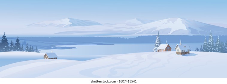 Winter landscape, a village on the background of a mountain lake on a sunny day, created by imagination in the format of vector graphics.