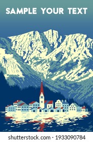 Winterlandschaft mit Dorf auf dem ersten Plan und Berge im Hintergrund. Handgefertigte Zeichenkette, Vektorgrafik. Retro-Stil. Flaches Design.