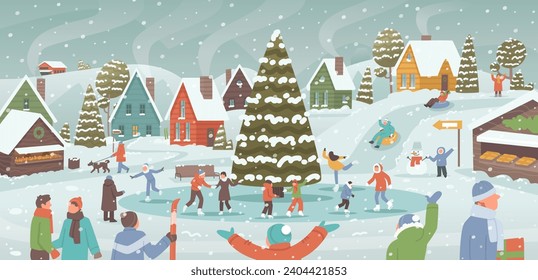 Winter landscape in the village. People spend time outdoors at Christmas, ice skating and sledding. Vector illustration in flat style