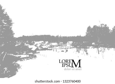 Winter landscape. village in the snow. Monochrome silhouette. Vector