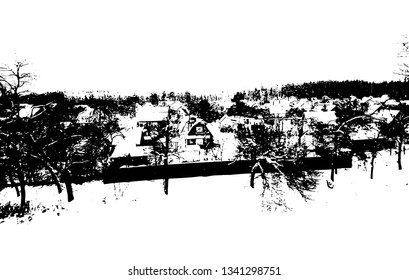 Winter landscape. village in the snow. Monochrome silhouette. Vector
