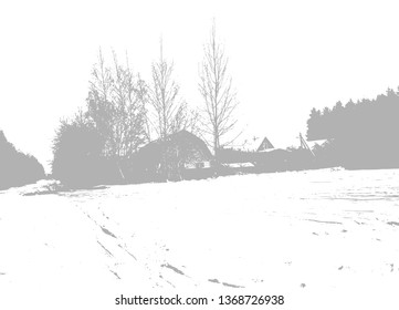 Winter landscape. village in the snow. Monochrome silhouette. Ve