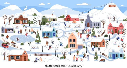 Winter landscape of village in snow, people on holidays. Cute Christmas town panorama with families, children during outdoor funs, activities outside of houses on vacations. Flat vector illustration