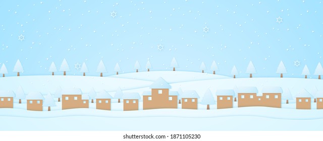 winter landscape, village and trees on hill with snow falling and snowflake, paper art style