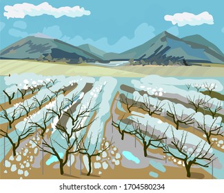 Winter landscape with vineyard, mountains on horizon and snow in impressionistic manner