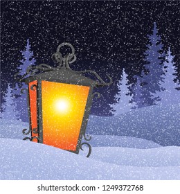 Winter landscape with vintage lantern in snowbanks