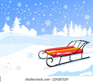 winter landscape with vintage sled. vector illustration