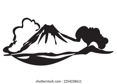 Winter landscape of volcano emitting lava and smoke or clouds in firs snow. Vector illustration of volcano and clouds. Vector wallpaper design for mountain icons, adventure logos, winter travel poster