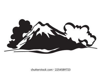 Winter landscape of volcano emitting lava and clouds or smoke in firs snow. Vector illustration of volcano and clouds. Vector design for mountain icon, adventure logo, winter travel poster, wallpaper.