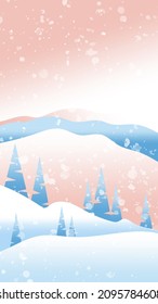 Winter landscape with waves and fir trees. Pink, blue and white. Gradient background. Sun rise sky. Snowy weather. Mountains and hills. Vertical banner. Template for post card, social media and mobile