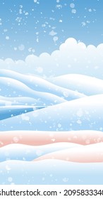 Winter landscape with waves. Pink, blue and white. Gradient background. Cloudy sky. Snowy weather. Mountains and hills. Vertical banner. Template for post card, social media, wallpaper and mobile