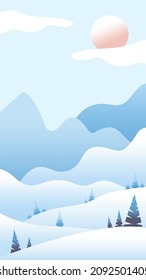 Winter landscape with waves. Pink sun, white clouds and pastel blue sky. Snowy mountains and hills. Fir trees. Gradient colors. Nature and ecology. For social media, post cards and posters