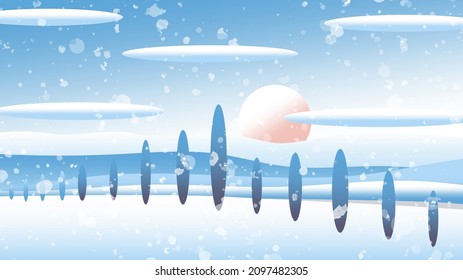 Winter landscape with waves. Pink sun. Blue and white gradient background. Clouds and snow. Mountains and hills. Oval trees. Panorama banner. Template for post card, poster, wallpaper and social media
