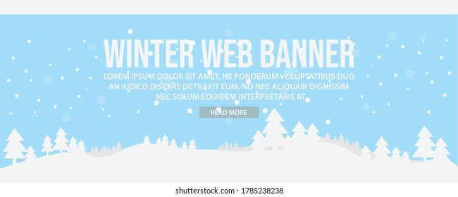 Diseño de plantillas de banner web de panorama invernal. Diseño plano estilo paisaje de invierno banderín web diseño de ilustración vectorial