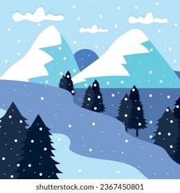Winter landscape with white pine trees on snow hill. Christmas landscape with fir trees forest and snowing. Happy new year celebration
