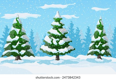 Winter landscape with white pine trees on snow hill. Christmas landscape with fir trees forest and snowing. Happy new year celebration. New year xmas holiday. Vector illustration flat style