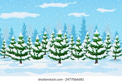 Winter landscape with white pine trees on snow hill. Christmas landscape with fir trees forest and snowing. Happy new year celebration. New year xmas holiday. Vector illustration flat style