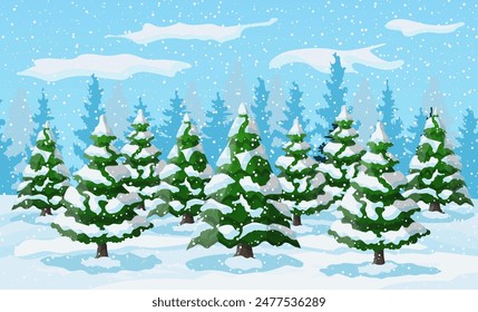 Winter landscape with white pine trees on snow hill. Christmas landscape with fir trees forest and snowing. Happy new year celebration. New year xmas holiday. Vector illustration flat style