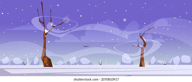 Winter landscape with white snow, bare trees, bushes and wind. Vector cartoon illustration of nature scene with snowy field, blizzard and flying birds. Rural meadow in frosty weather